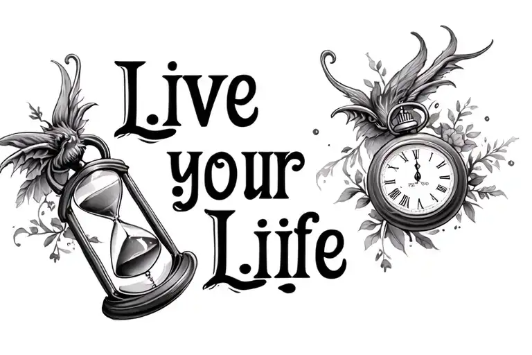 "Live Your Life" "Live Your Life" hourglass and pocket watch background creatures tattoo design idea