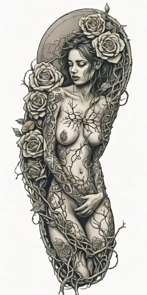 girl naked, broken chains, tree roots, roses tattoo design idea