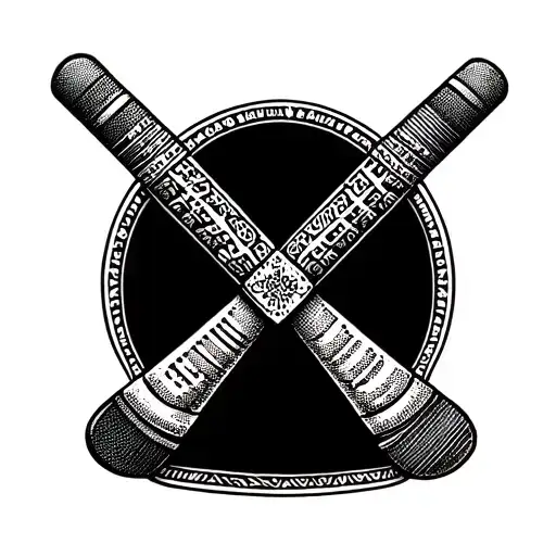 A dotwork tattoo of a hockey stick and a baby's rattle crossed together, with intricate patterns and details inspired by traditional Nordic designs, reflecting the client's passion for hockey and heritage tattoo design idea