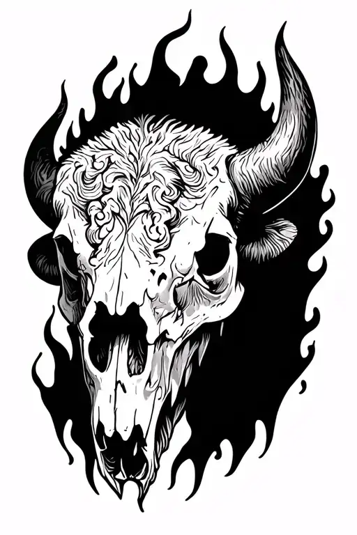 bison skull burning tattoo design idea