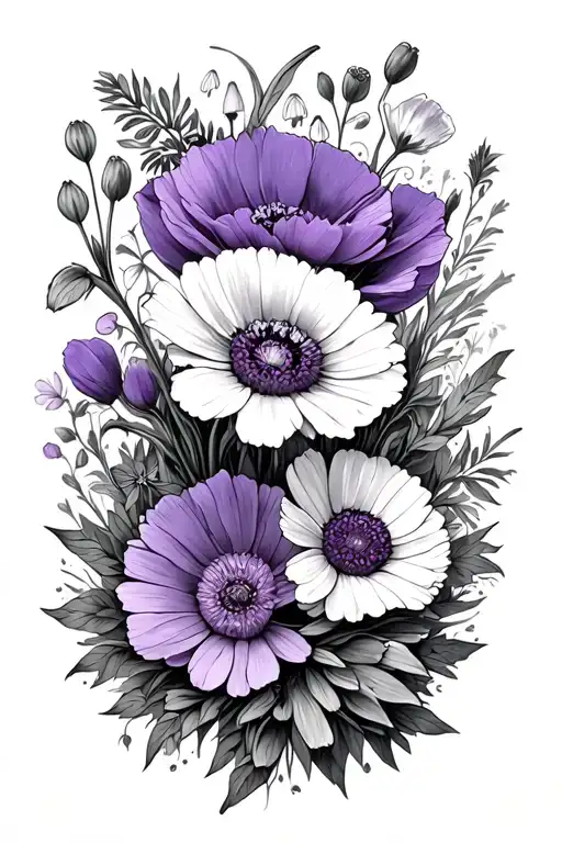Poppy,aster,snowdrop,carination,chrysanthemum,and violet  tattoo design idea