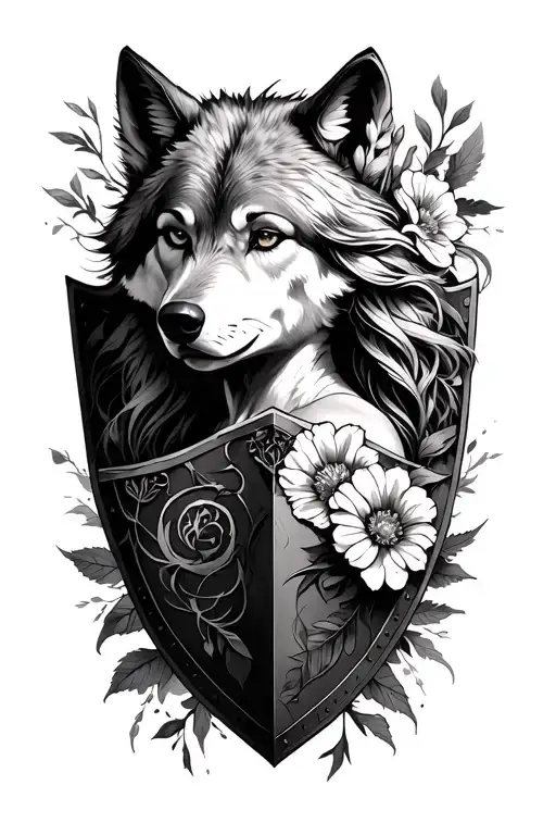 shield maiden warrior with wolf and flowers intertwined tattoo design idea