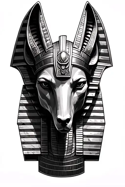 Realistic Anubis head sculpted in stone, Egyptian armor with striped nemes headpiece. High contrast bold shading placed  tattoo design idea