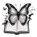 "Let it be, then let it go" A butterfly flying out of a torn journal page, as if the words are being released. The page has “let it be” written on i tattoo design idea