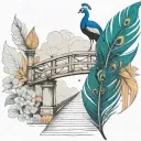 black and white wooden bridge with colorful peacock feather  tattoo design idea