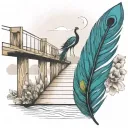 black and white wooden bridge with colorful peacock feather  tattoo design idea