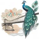 black and white wooden bridge with colorful peacock feather  tattoo design idea