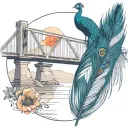 black and white wooden bridge with colorful peacock feather  tattoo design idea