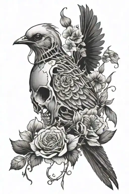 bird skeleton with flowers tattoo design idea