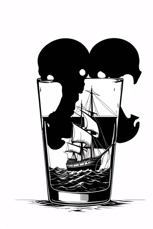 loose lips sinks ships whiskey glass with skull heads as ice cubes and a sailing vessel being sank in the glass tattoo design idea