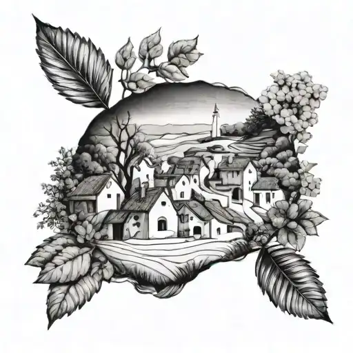A representation of a peaceful village with a gentle breeze and a horizon laying on the ground, inspired by the lyrics of 'Vilarejo' by Marisa Monte tattoo design idea