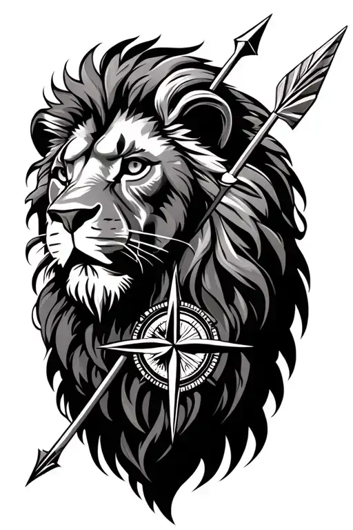 lion head with compass and arrow  tattoo design idea