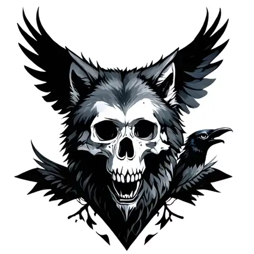 wolf, crow, skull, dark asthetic tattoo design idea