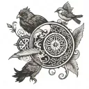yin yang, compass, buffalo, bird, camera, fish, music note tattoo design idea