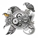yin yang, compass, buffalo, bird, camera, fish, music note tattoo design idea