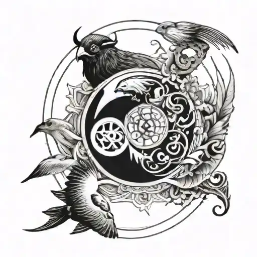 yin yang, compass, buffalo, bird, camera, fish, music note tattoo design idea