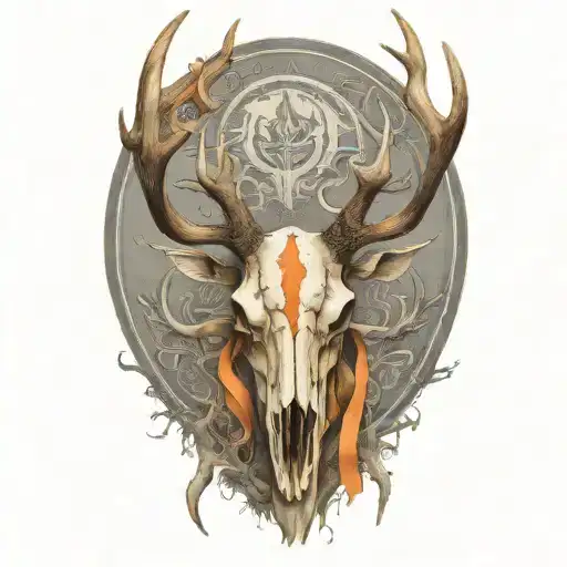 bull elk skull with antlers, tattered orange ribbon wrapped around antlers tattoo design idea