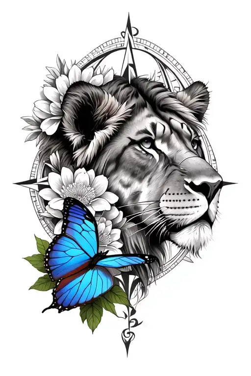 Lioness face coming from behind flowers with a blue butterfly, mandala in background with a broken compass  tattoo design idea