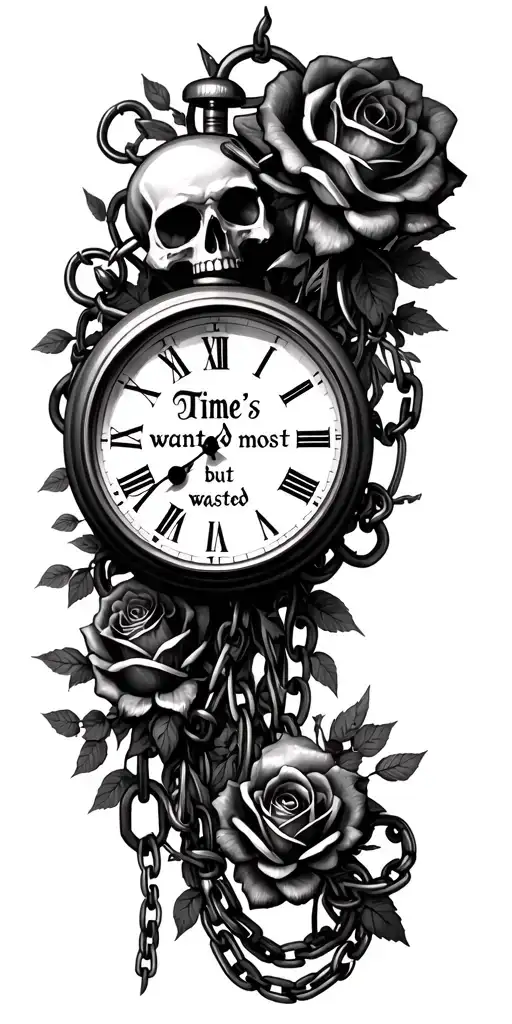 "Time's wanted most, but wasted" lots of Skull and Roses, and vines wrapping around a roman numeral stopwatch, metal chains in the background, with cuts  tattoo design idea