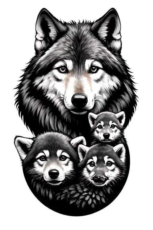 mother wolf head with 4 baby cubs 1 cub being ontop of mothers head and other 3 close to the bottom of mother wolf tattoo design idea