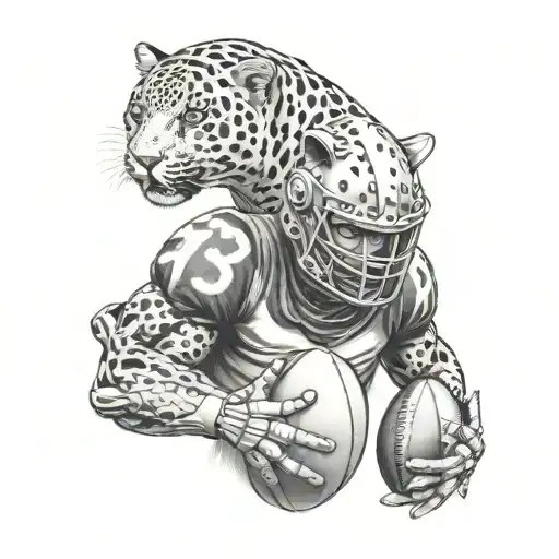 Create a unique tattoo featuring a jaguar playing rugby with a gladiator helmet on tattoo design idea
