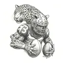 Create a unique tattoo featuring a jaguar playing rugby with a gladiator helmet on tattoo design idea