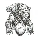 Create a unique tattoo featuring a jaguar playing rugby with a gladiator helmet on tattoo design idea