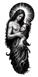 helll, purgatory, and heaven holding hands tattoo design idea