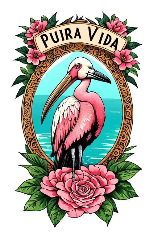 "Pura Vida" Rosette Spoonbill tattoo design idea