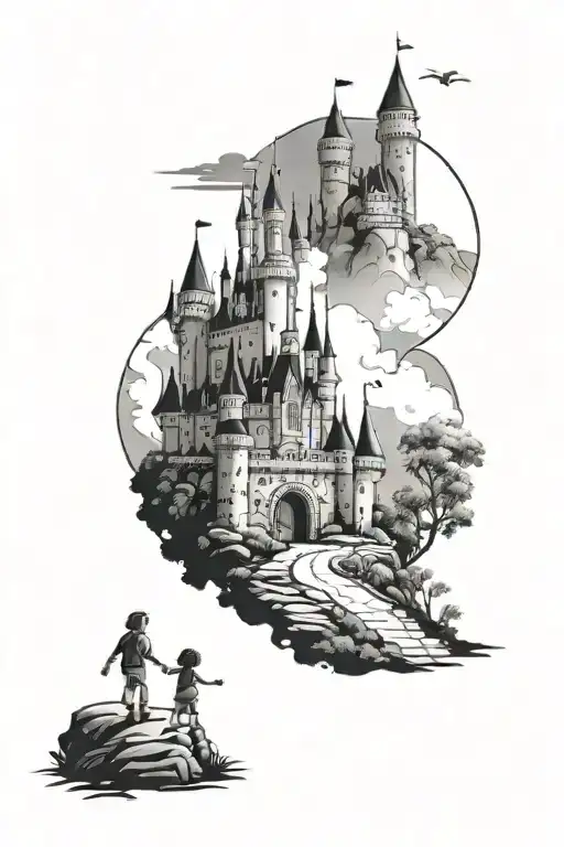 disney castle on a hill with a boy and girl holding hands walking towards it tattoo design idea