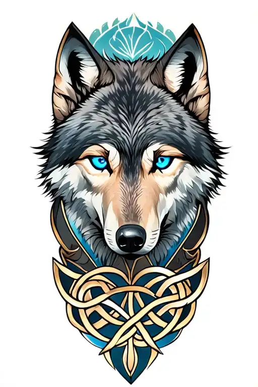 wolf with blue eyes on armor tattoo design featuring Celtic trinity knot  tattoo design idea