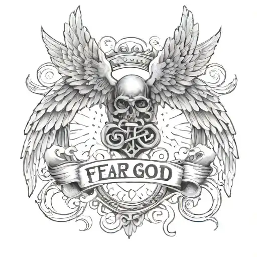 angel wings and clouds with fear god written on top tattoo design idea