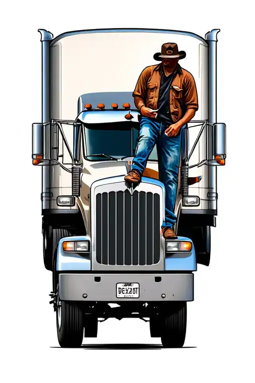 Peterbilt semi truck , siloutte of man leaning on truck with baseball hat and cigarette, concrete cowboy tattoo design idea