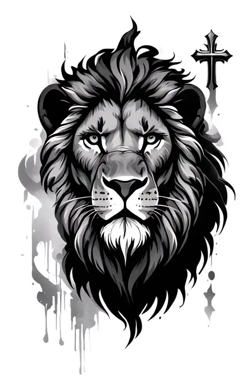 lion face and cross tattoo design idea