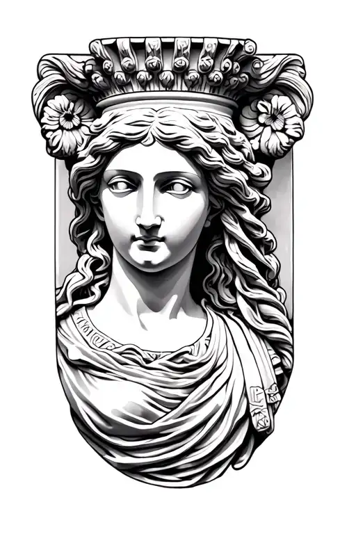 A detailed forearm tattoo design of a Greek Caryatid statue column. Vertical composition showing a female figure sculpte tattoo design idea