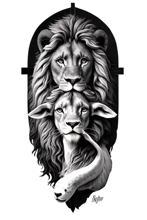 Jesus, Cross, Lion of Judah and Lamb laying together tattoo design idea
