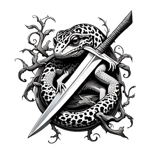 leopard gecko wrapped around sword with vines tattoo design idea