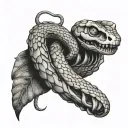 snake on skeleton hand holding tattoo design idea