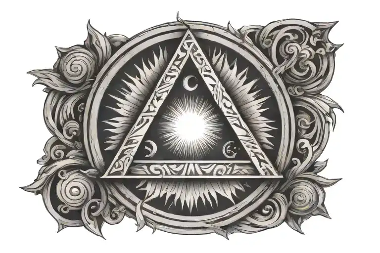 penrose triangle and sun rays made wood carving tattoo design idea