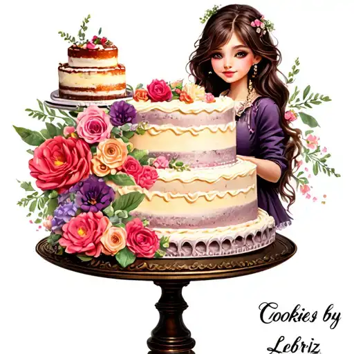 "Cookies by Lebriz" A whimsical cake with intricate floral designs intertwined, incorporating a girl holding cake in a tray tattoo design idea