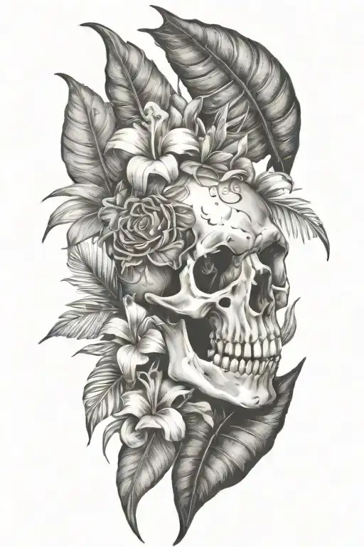 tropical leaves with flowers and dinosaur skull tattoo design idea
