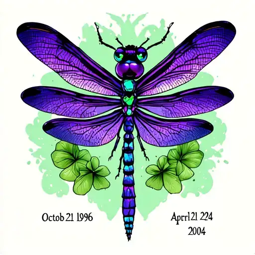 dragonfly with the colors purple and emerald green with the dates october 21, 1996 and april 21, 2024  tattoo design idea