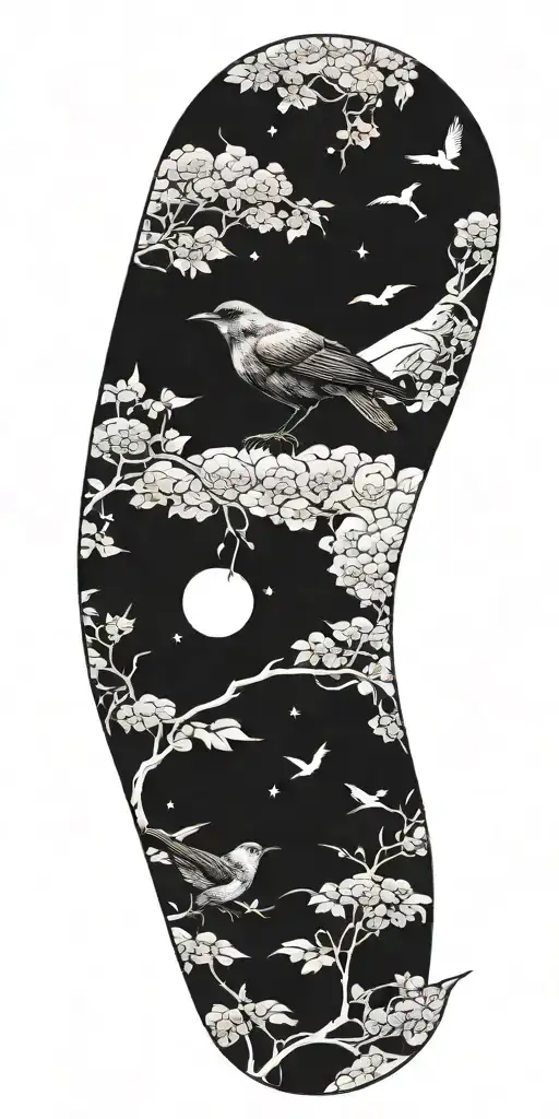 realistic moon and blackbird  tattoo design idea