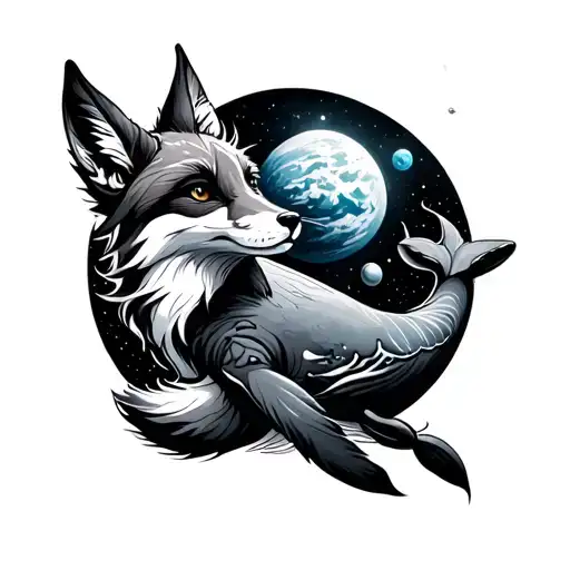 ninetail fox with planet in universe and whale tattoo design idea