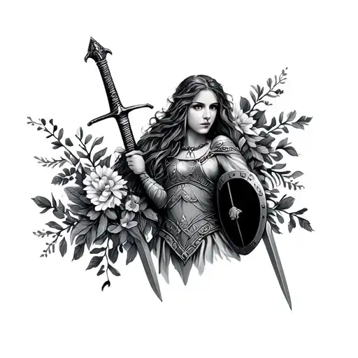viking shield maiden holding flowers with sword tattoo design idea