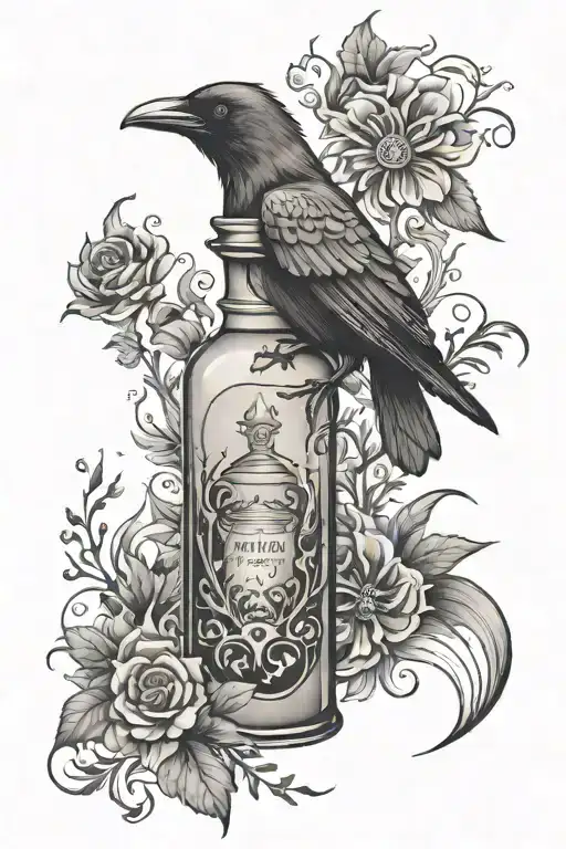 potion bottle, crow, fox tattoo design idea