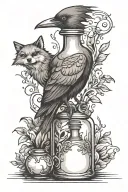 potion bottle, crow, fox tattoo design idea