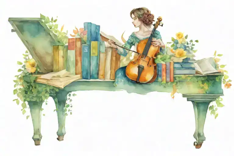 Irish heritage, books surrounded by florals, travel, dancing woman and music tattoo design idea