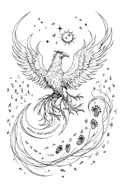 black and white Rising phoenix with footprints and sun and moon and script swirling through - feminine tattoo design idea
