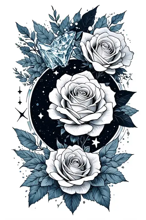 kind of cool japanese style, with a theme of Ice, Roses, and Stars/Space, Designed to be an Arm Tatto, tattoo design idea